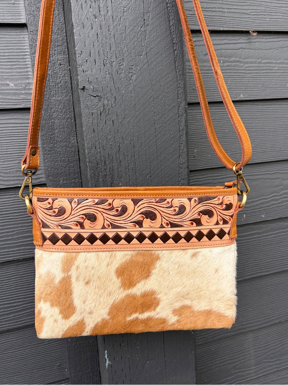 Brown Cowhide Leather Crossbody Bag with Tooled Detail